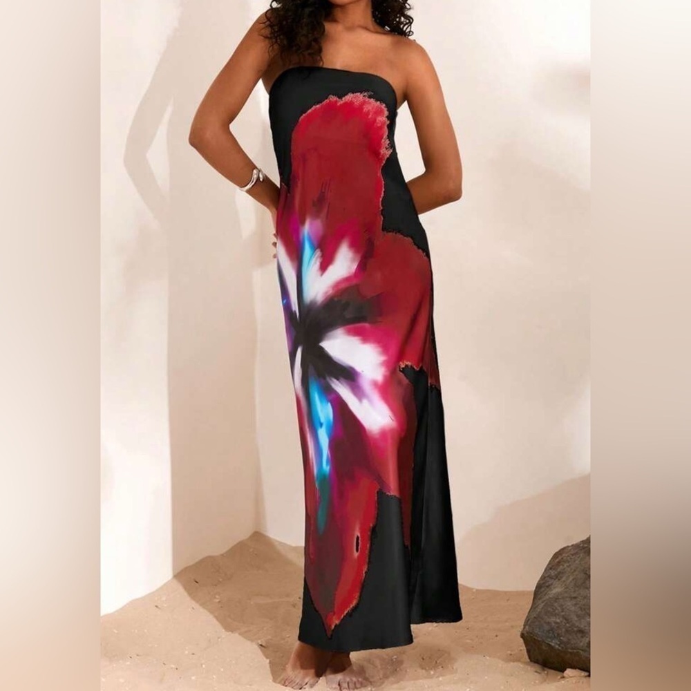 NEW Elegant Black and Multicolor Belted Backless Dress